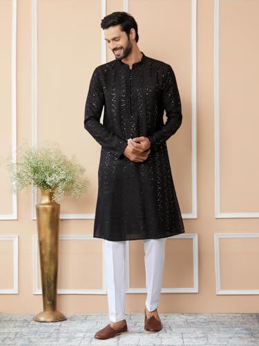 Image of See Designs Men's Long Sleeve Mandarin Collar Side Slit Embroidered Thread Work Sequinned Chanderi Silk Straight Kurta with Pyjama