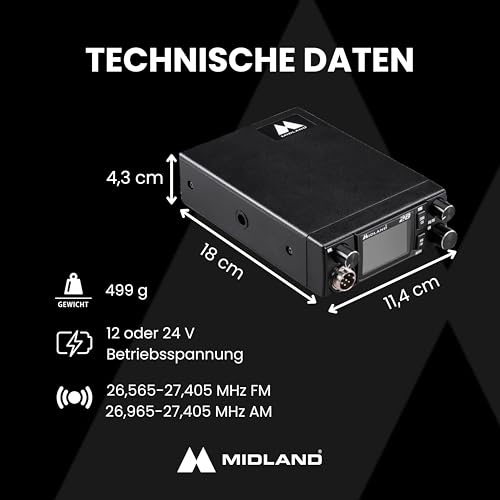 Midland 28 CB-Funkgerät mit 2 LCD-Display, VOX Freisprechfunktion, Noise-Canceling, 12/24V, Multistandard, RF-Verstärkung, für Auto und LKW, schwarz