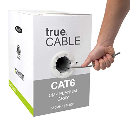 trueCABLE Cat6 Plenum (CMP), 1000ft, Gray, 23AWG 4 Pair Solid Bare Copper, 550MHz, ETL Listed, Unshielded Twisted Pair (UTP), Bulk Ethernet Cable