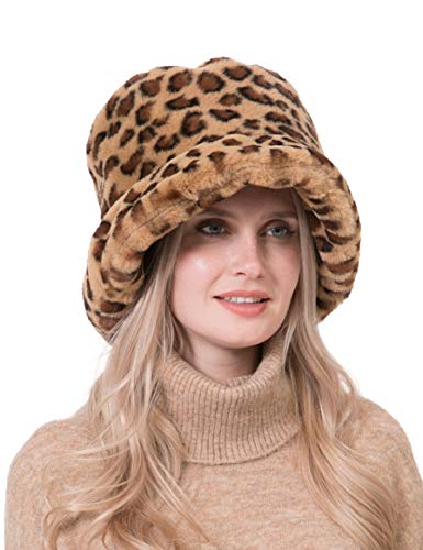 Rulala Fancy Women's Faux Fur Bucket Hats Fluffy Winter Warm Ladie's Unique Printed Fisherman Cap(Leapord) #TOP30