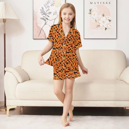 Satin Pajama Sets Short Sleeve Pumpkin Pattern Button Down Silky Nightwear 2 Piece PJS 5-14Y3