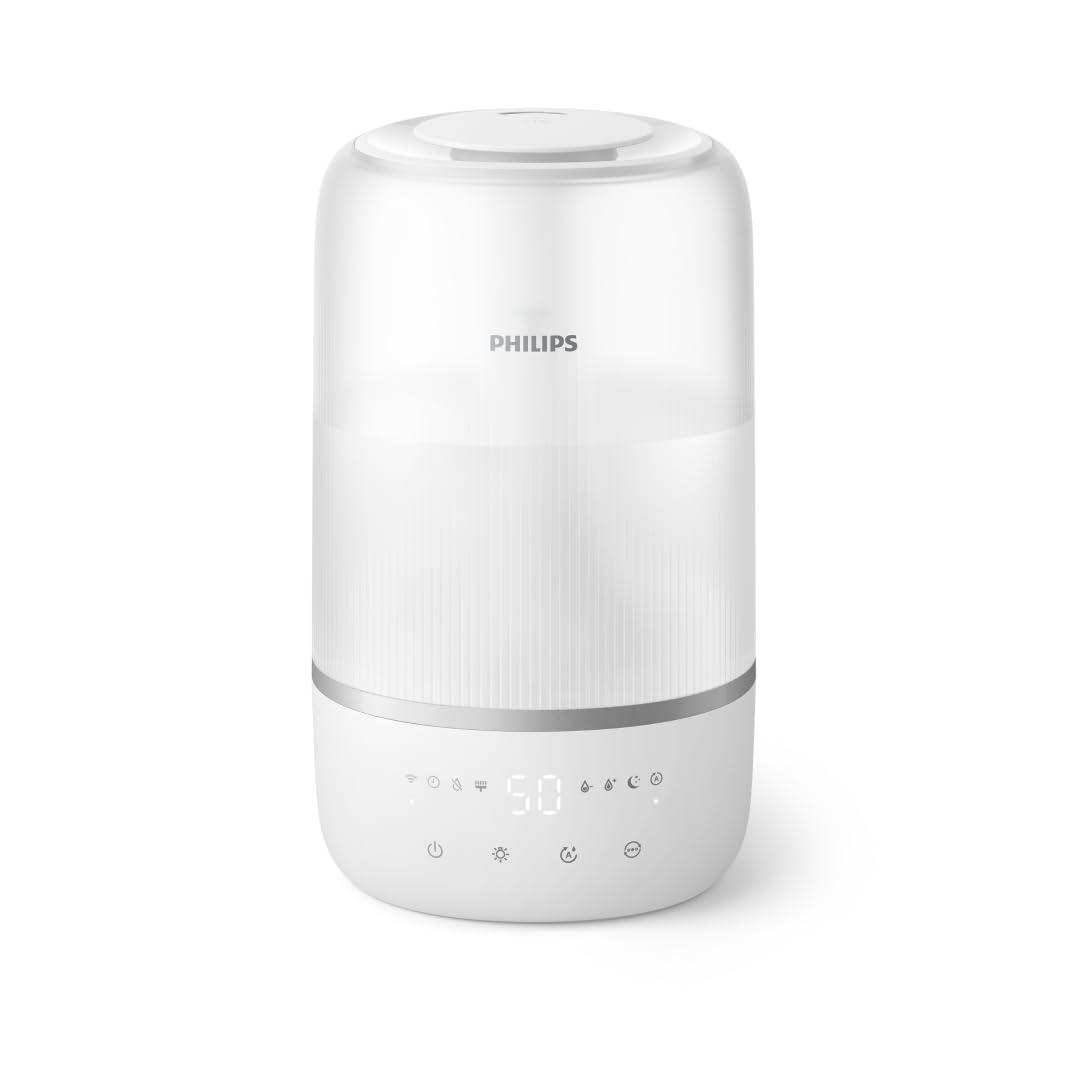 Philips Humidificateur intelligent - Compact mais puissant avec Sky High Mist, jusqu'à 32 heures d'autonomie, silencieux avec réglage du sommeil et veilleuse, pour jusqu'à 38 m² (HU1509/00)