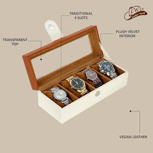 Image of Leather World Faux Leather Watch Box Organizer For Men & Women - Wrist Watch Box Holder 4 Slots - Removable Pillows Display Case - Gift for Loved Ones - Blue