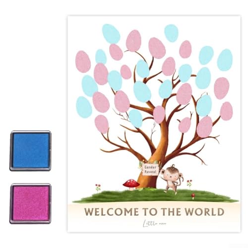 DystopiaWorld Lienzo de árbol de huellas dactilares de revelación de género, 12 x 16.5 pulgadas, kit de arte de firma de invitados de boda, crea decoración de pared de recuerdo personalizada, para