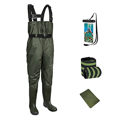 Bootfoot Chest Waders 2-Ply Nylon/PVC Lightweight Fishing & Hunting Waders with Waterproof Insulated Cleated Boots for Men and Women (Green, EUR Size 43 / US Size 10)