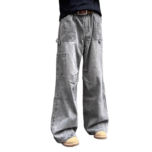 Mens Baggy Cargo Jeans Boys Mid Rise Relaxed Fit Y2K Grunge Denim Pants with Pockets 90s Hip Hop Streetwear Trousers