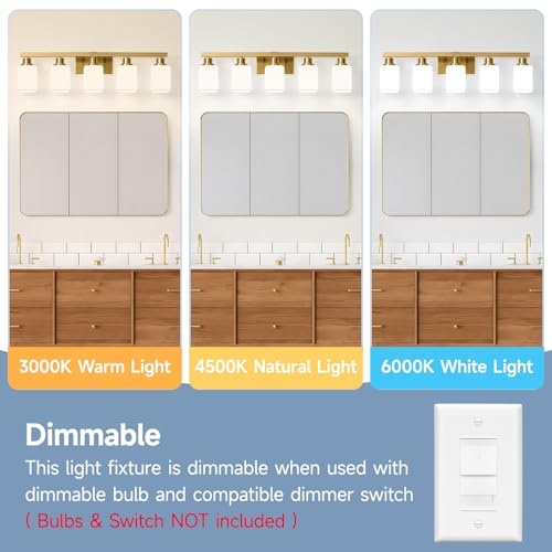 Image of Brushed Gold Bathroom Vanity Light,5-Light Bathroom Light Fixtures with Square Frosted Glass,Gold Bathroom Wall Lamp Sconces for Mirror Bedroom,Living Room Hallway,E26