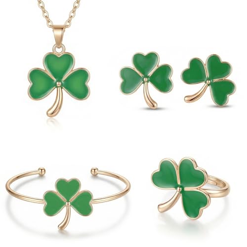 qiyeyeye 4 Pcs St. Patrick's Day Jewelry Set Green Shamrock Earrings Ring Bracelet Four Leaf Clover Necklace for Women Lucky Gold Plated Wedding Party Wife Gift