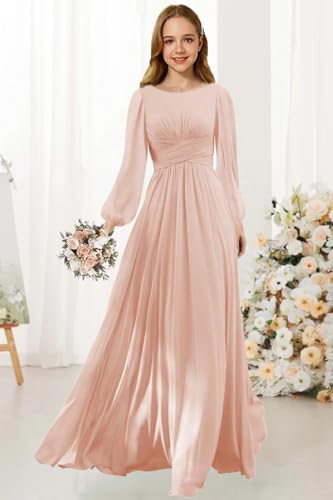 Long Sleeves Junior Bridesmaid Dress Scoop Neck Chiffon Flower Girl Dresses with Ruffles A Line Wedding Party Gown2