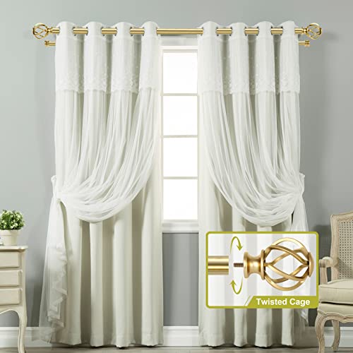 Gold Double Curtain Rods For Windows 36 To 72 Inch(3-6Ft),Adjustable Telescoping Double Curtain Rod With Twisted Cage Finials,1 Inch Diameter Heavy Duty Double Drapery Rods Set 36-72”,Brushed Gold #TOP2