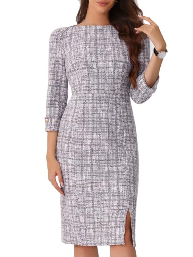 Image of Allegra K Tweed Dress for Women's Boat Neck 3 /4 Sleeve Elegant Work Pencil Sheath Dress