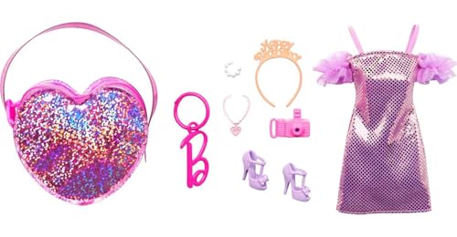 Barbie Clothes Set, Birthday-Themed with Dress, 5 Acessories & Zippered Doll-Sized Heart-Shaped Bag with Clip-On Ring