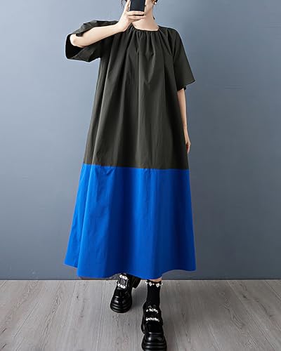 ellazhu Women's Dress Short Puffed Sleeve Patchwork Crewneck Two Side Pockets Tie-Neck Pus Size Casual Fashion Loose GZ595 A2