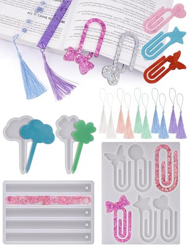 NiArt All-in-One Resin Bookmark Molds Kit 4 Silicone Molds (Cloud, Clover, Paperclip & Rectangle) for DIY Epoxy & UV Resin Crafts with 10 Tassels, Perfect Gifts for Book Lovers, Teachers & Students