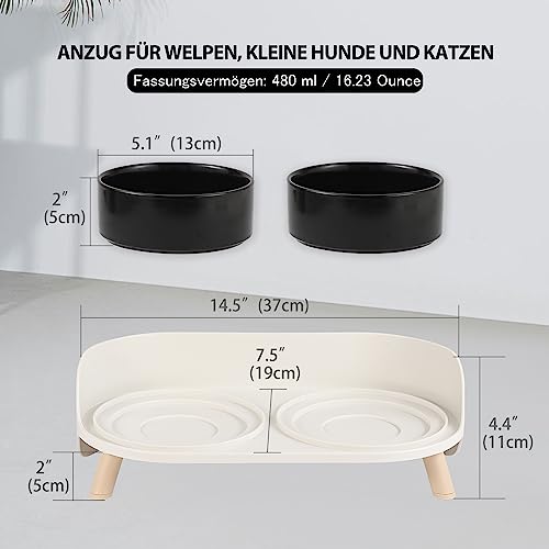 Katzen Napfset Katzennapf Erhöht Keramik - Doppelt Katzennäpfe mit Rutschfestem Ständer und Spritzschutz - Fressnapf Katze Napf - Futternapf Wassernapf Set für Katzen Welpen Kleine Hunde - 2 x 480 ML