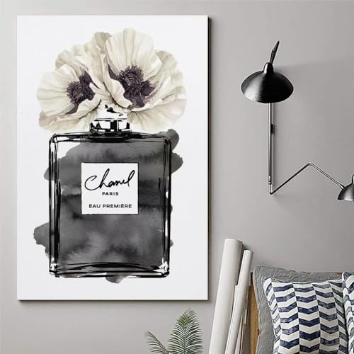 Image of BanLaArt Fashion Perfume Bottle Black With Grey & White Poppy Canvas Print Poster Decorative Painting Canvas Wall Art Picture Print Modern Family Bedroom Decor 12x18inch(30x45cm)