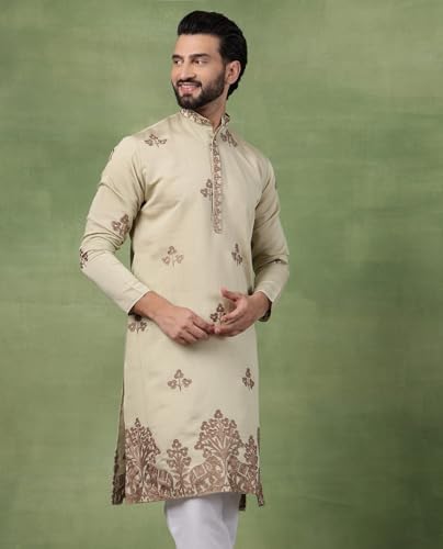 Image of SOJANYA (Since 1958 Men's Cotton Contrast Coffee Thread Embroidered Long Kurta