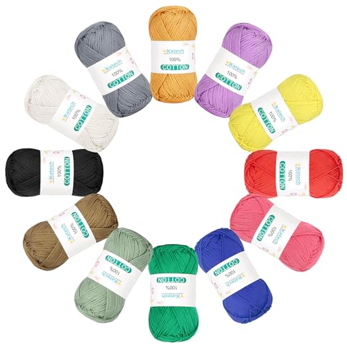 Image of Katech 1OO% Cotton Yarn for Crocheting & Knitting-Baby Cotton Yarn (C) | 12-Color of 137 Yards /1.76 oz Sport Weight CYC #2-Soft & Breathable-Ideal for Dishcloths, Baby Clothes, Potholders & Crafts