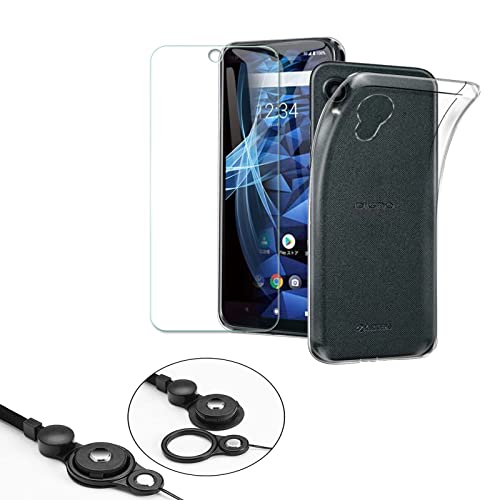 DIGNO BX2 A101KC ガラスフィルム+ケース+DIGNO BXii 両用ストラップ付き スマホカバー 超薄型 軽量 TPU クリアケースカバー フィルム 保護フィルム 防指紋 高透過率 携帯 ネックストラップ 落下防止 長さ調整可能