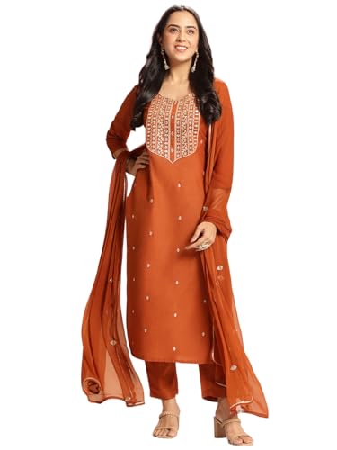 Image of GoSriKi Women's Cotton Blend Embroidered Kurta Set with Pant & Dupatta - Straight Calf‑Length, 3 /4 Sleeve, Round Neck - Elegant Ethnic Attire (5 Colors, S-5XL)