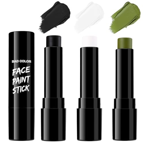 Image of BADCOLOR 3PCS Black White Orge Green Face Body Paint Stick Makeup for Frankenstein /Witch /Grinch /Hulk /Alien /Demon /Evil Clown SFX Cosplay & Dress Up, Full-Coverage Halloween Facepaint Makeup Kit