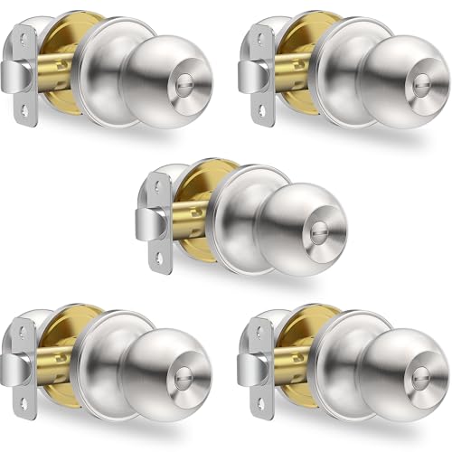 Plustool 5 Pack Privacy Door Knobs Interior, Satin Nickel Doorknob with Lock -ANSI Grade-3 Certified, Keyless Door Locks for Bedroom,Bathroom, Modern Heavy Duty Handle with Round Ball, Easy to Install
