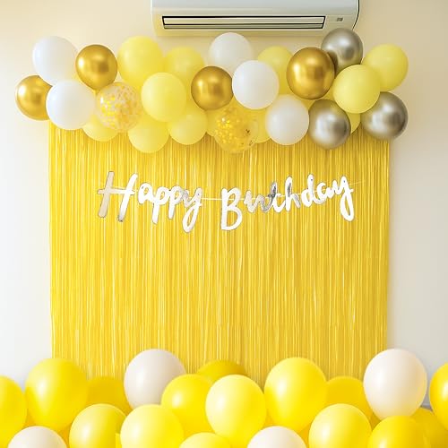 Image of The FOMO Factory Pastel Yellow Golden Birthday Decoration Kit | White, Gold, Silver, Yellow Balloon Arch Kit + Foil Curtains + HBD Banner | Unique Birthday Decoration, DIY Kids Party Prop (Yellow53)