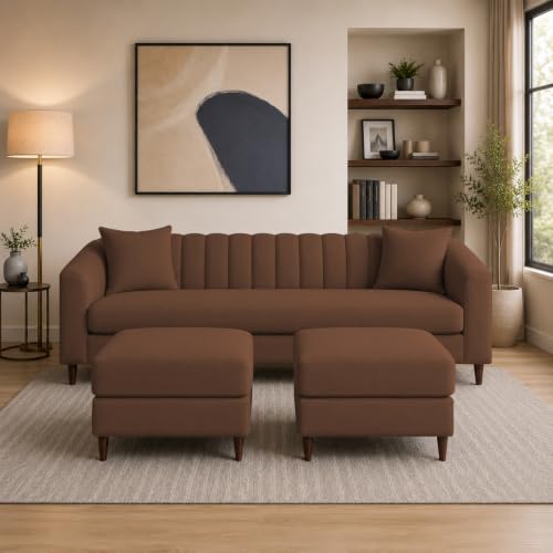 Image of Doraldo 3 Seater Sofa Set with 2 Ottoman for Living Room (Brown) Premium Fabric Sofa
