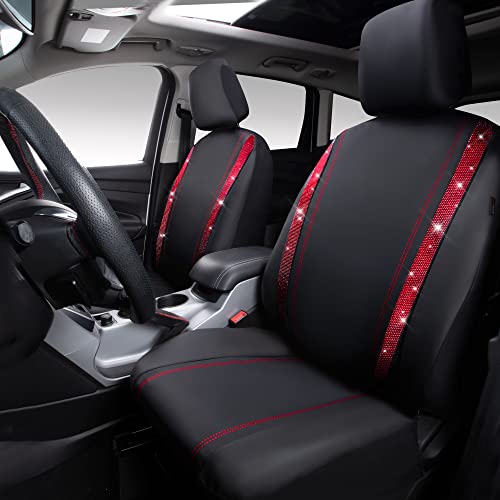 Image of CAR PASS Leather Bling Diamond Car Seat Covers 2 Front Interior Sets, Waterproof Universal Shining Glitter Crystal Sparkle Fit for 95% Automotive Truck SUV Cute Women Girl, Black Red Rhinestone