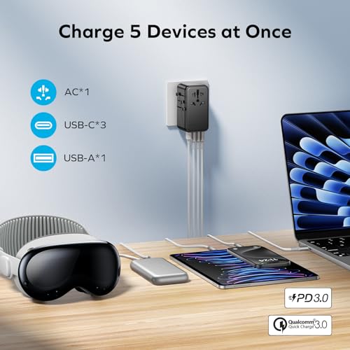 Image of MOMAX 5-in-1 Universal Travel Adapter, GaN 140W International Power Adapter, 3 USB-C PD Fast Charging & 1 USB-A QC, 1 AC, All-in-one International Plug Adapter for Travel European UK AUS JP