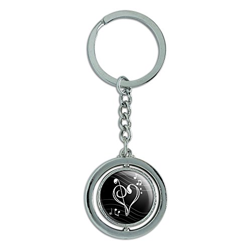 Graphics and More Treble Bass Clef Heart Music Black Spinning Round Metal Key Chain Keychain Ring