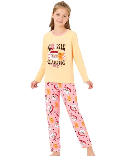 Image of Beezizac Girls Pajamas Cute Print Short /Long Sleeve Pants Set Size 6-18 | Soft Stretch Poly Blend, Comfy Crewneck, Elastic Waist Pants, Everyday & Holiday Sleepwear for Big Girls, Tweens & Teens