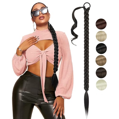 NASHRIO Extensiones de Pelo Coleta Trenzada, Pelo Sintetico para Trenzas Extensiones de Cabello para la Fiesta Diaria, DIY Pieza de Cabello,Coleta Postiza (Negro)