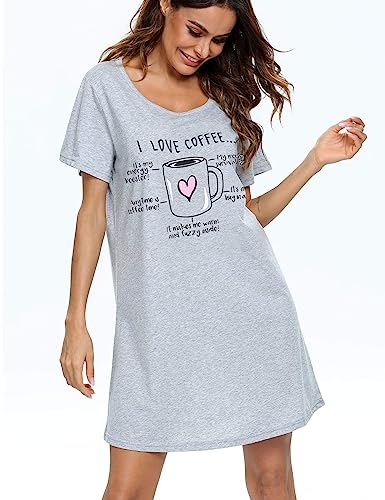 Enjoynight Womens Cotton Nightgown Short Sleeves Sleepshirt Print Nightshirt (Grey Cup, Large-X-Large) #TOP1