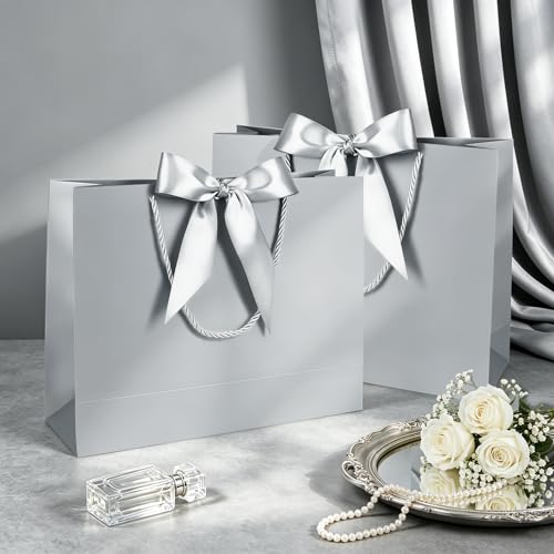 Image of JMANNI Gift Bags with Handles, 13 inch Medium Gift Bag for Presents,4 Pcs Bags with 8 Tissue Paper and 4 Cards for Graduation Baby Shower Wedding Fathers Day Mother's Day Birthday Party(Silver)