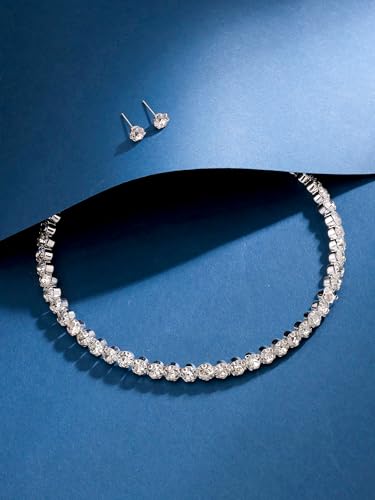 Image of Yellow Chimes Jewellery Set For Women And Girls White Crystal Jewellery Set For Women Silver Tone Crystal Choker Necklace Set Birthday Gift For Girls And Women For Wife