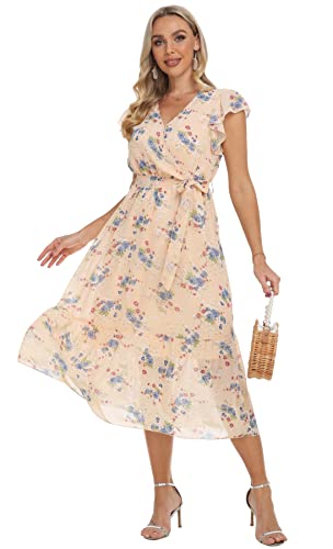 Image of VintageClothing Womens Sundress Casual Floral Summer Boho Dress | Flowy Wrap V Neck Ruffle A-Line Pleated Hem Midi Dresses
