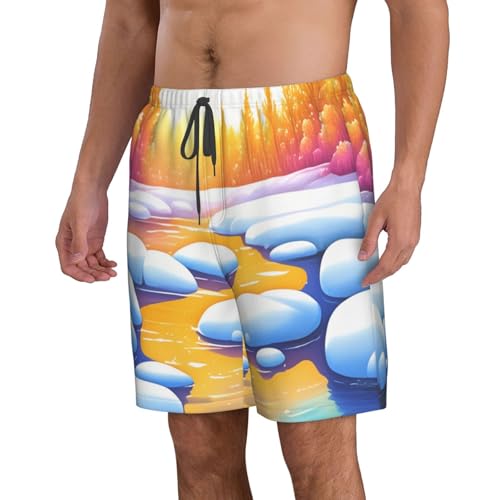 A Small River in The Forest Men's Beach Pants-Quick-Dry & Comfortable Mens Beach Shorts for Men, Perfect for Surfing and Everyday Wear White2