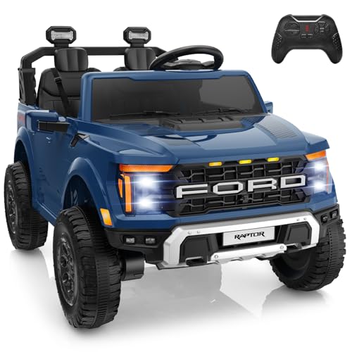 YOFE 24V Ride On Toys for Big Kids, Ford F-150 Raptor 2 Seater Ride on Car w/Remote, Power Toddler Truck w/4 Wheels Suspension, Kids Electric Car w/Bluetooth, LED Lights, Truck Bed Storage (Blue)