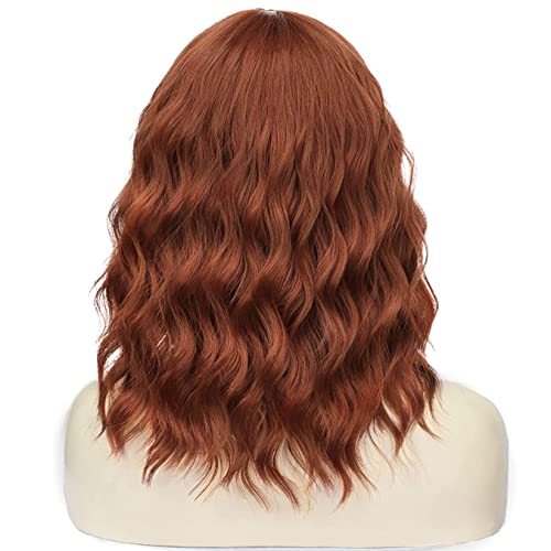 YEESHEDO Copper Red Short Auburn Bob Wigs with fringe for Women Natural Wavy Curly Hair Wig Heat Resistant Synthetic Wig for Ladies Daily Use or Cosplay Party Costumes,14inch - Image 4