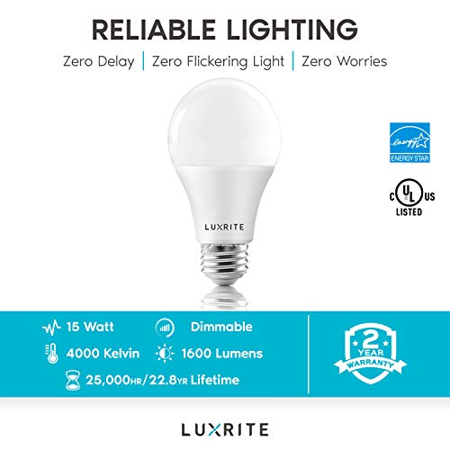 Luxrite A19 Led Light Bulbs 100 Watt Equivalent Dimmable, 4000K Cool White, 1600 Lumens, Enclosed Fixture Rated, Standard Led Bulbs 15W, Energy Star, E26 Medium Base - Indoor And Outdoor (4 Pack) #TOP7