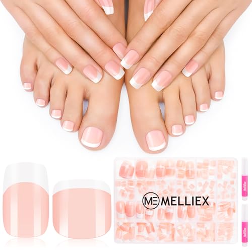 MELLIEX 240 Piezas Uñas Postizas Francesa y Uñas Postizas Pies Set Acrilicas Press on Nails Corto Tips Uñas Cobertura Completa Fake Toenail para Mujeres
