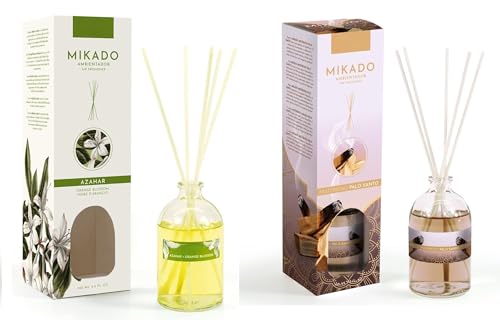 PCMOVILES Mikado Ambientador AZAHAR Y MISTERIOSO PALO SANTO 100 ml – Pack de 2 Unidades – Aroma Fresco y Natural – Difusor de Varillas para Casa, Oficina y Armario