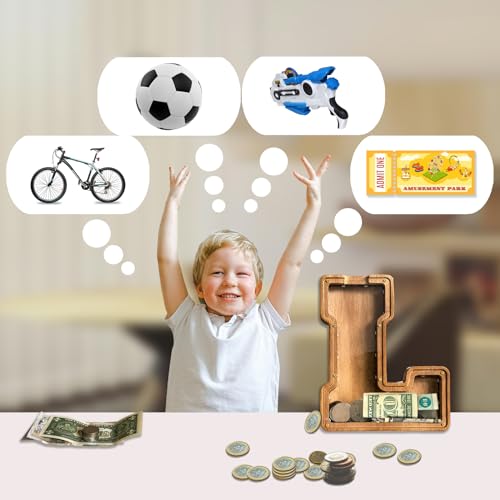 Wooden Letter Piggy Bank for Kids,9inch Kids Money Bank with LED Lights, Alphabet Coin Jar(A-Z), Birthday Gift for Kids, Toys for Boys and Girls(P)