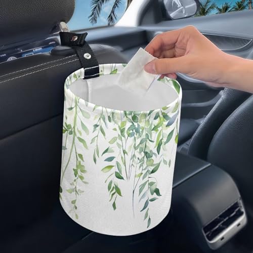 Image of Green Leaf Patterns Car Trash Can Collapsible Portable Car Garbage Bin for Car Front Seat, Back Seat, Floor, Headrest Rubbish Bin Universal Fit