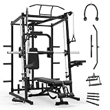 Mikolo All-in-One Smith Machine Home Gym, 2000LBS Power Cage with Cable Crossover System, Integrated Squat Rack with Weight Bar for Full-Body Training—LAT Pulldown, T-Bar Row, Triceps, Chest Fly