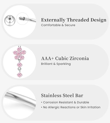 Belly Button Ring Dangle Navel Belly Piercing Jewelry Cute Pink CZ Heart Butterfly Bow Flower Navel Belly Rings for Women 14G Silver Stainless Steel Dainty Dangly Dangling Belly Button Piercing3