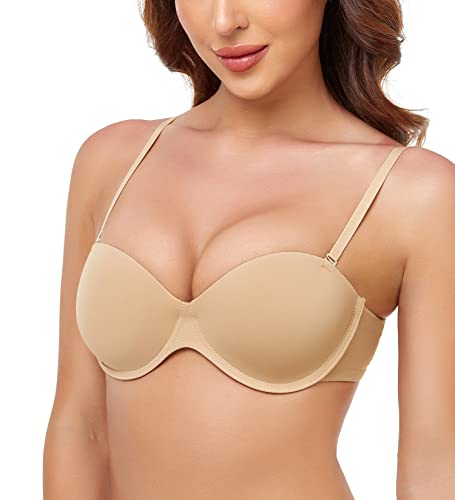 Joateay Women's Push Up Padded Strapless Plunge Underwire Balconette Tshirt Bra Convertible Strap(Nude 34B) #TOP1