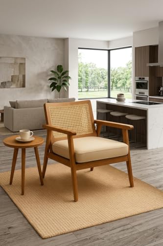 Image of Solid Premium Sheesham Wood Arm Chair with Cushion || Cane Chairs for Balcony || Wooden Armrest Chair Garden Chairs Outdoor & Indoor || Dining Chair for Living Room Furniture
