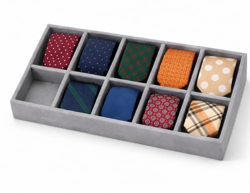 Image of 10 Slot Tie Organizer Tray for Ties and Accessories, Grey | Closet drawer storage tray with dividers for ties, socks, handkerchiefs, belts, watches and small accessories arranged neatly